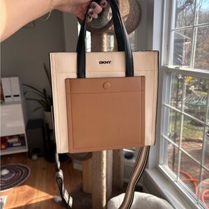 DKNY Crawford Small Cream, Tan & Black  Tote with Striped Strap